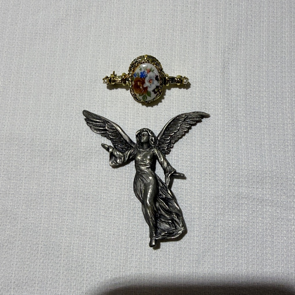 Silver Angel Brooch and Floral Pin